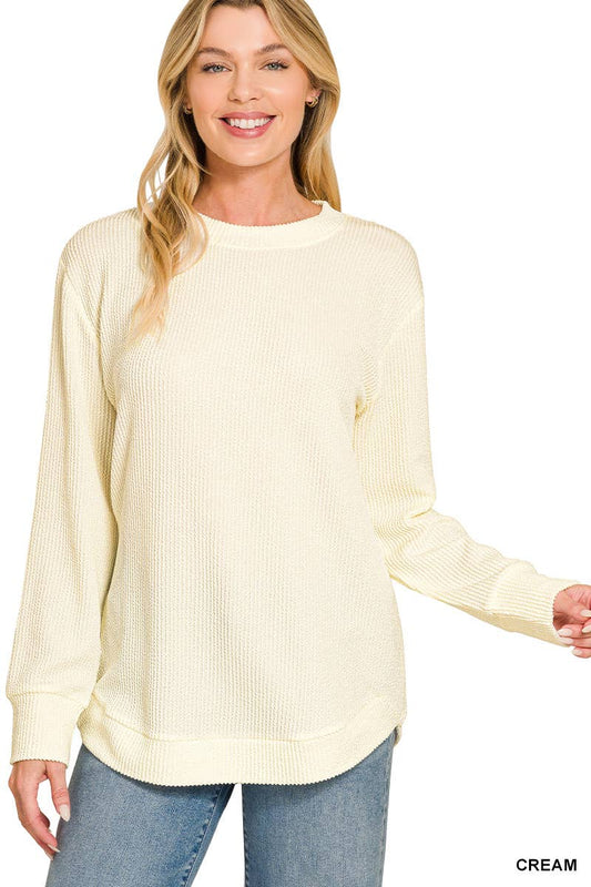 Raised Rib Round Neck Long Sleeve Top: CREAM