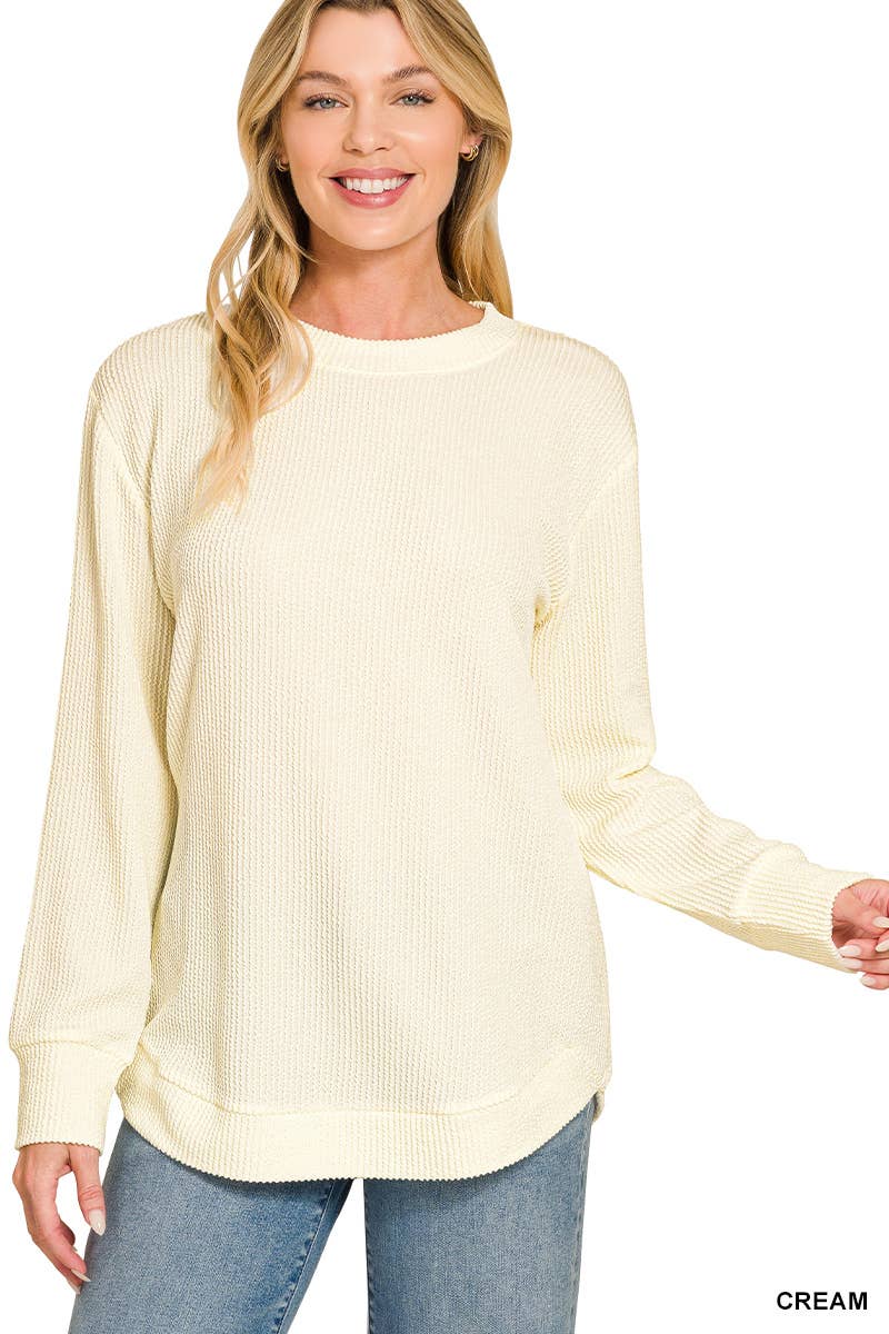 Raised Rib Round Neck Long Sleeve Top: CREAM