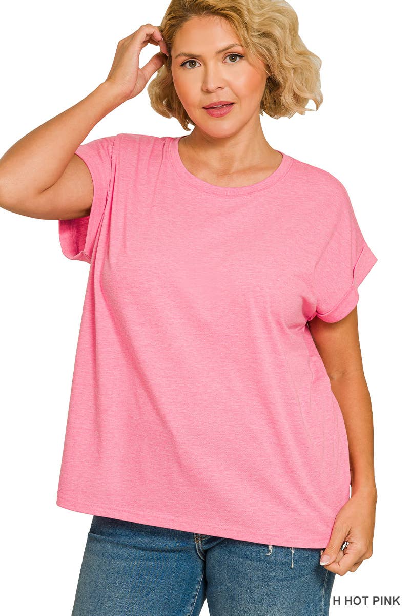 Plus Round Neck Folded Short Sleeve T-shirt: H HOT PINK