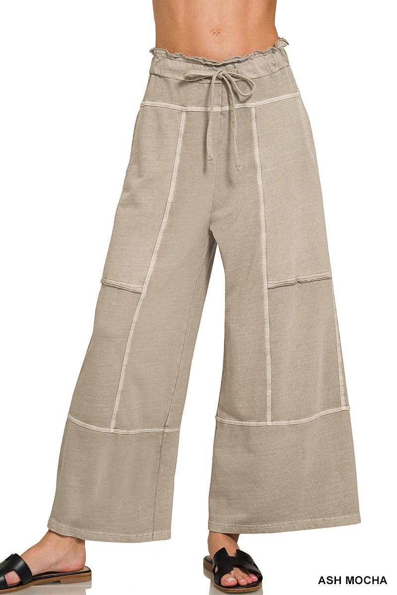 French Terry Washed Exposed-seam Wide Leg Pants: ASH MOCHA