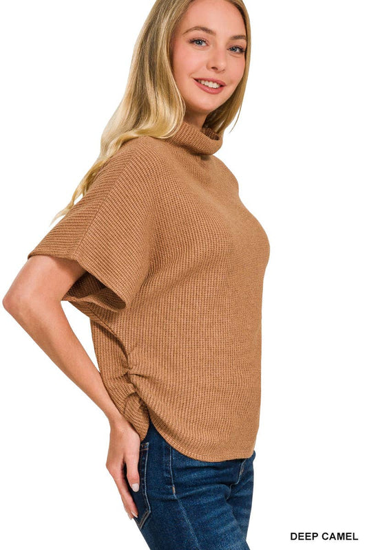 Mock Neck Sweater Side Shirred: DEEP CAMEL