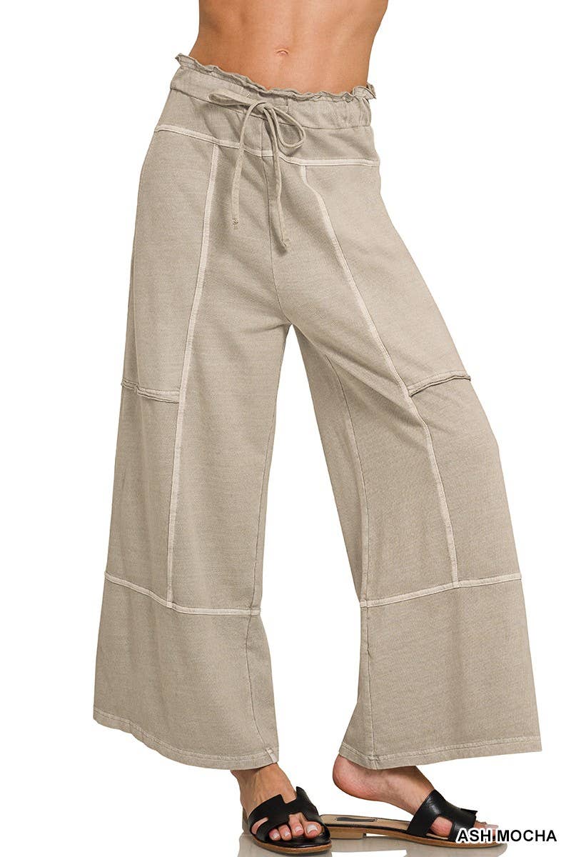 French Terry Washed Exposed-seam Wide Leg Pants: ASH MOCHA