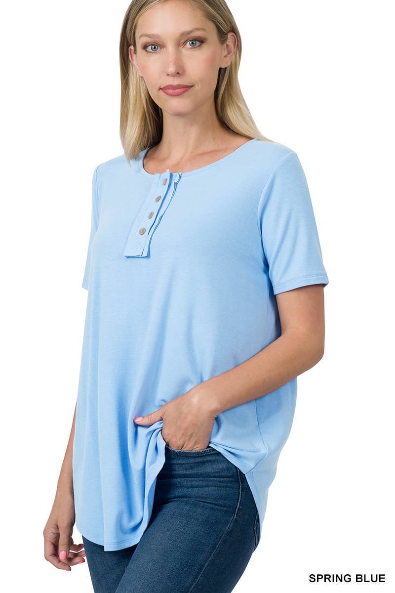 Short Sleeve Button Down Top: SPRING BLUE