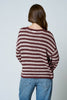 STRIPE RAW EDGE SPLIT NECK SHEER KNIT SWEATER : BURGUNDY
