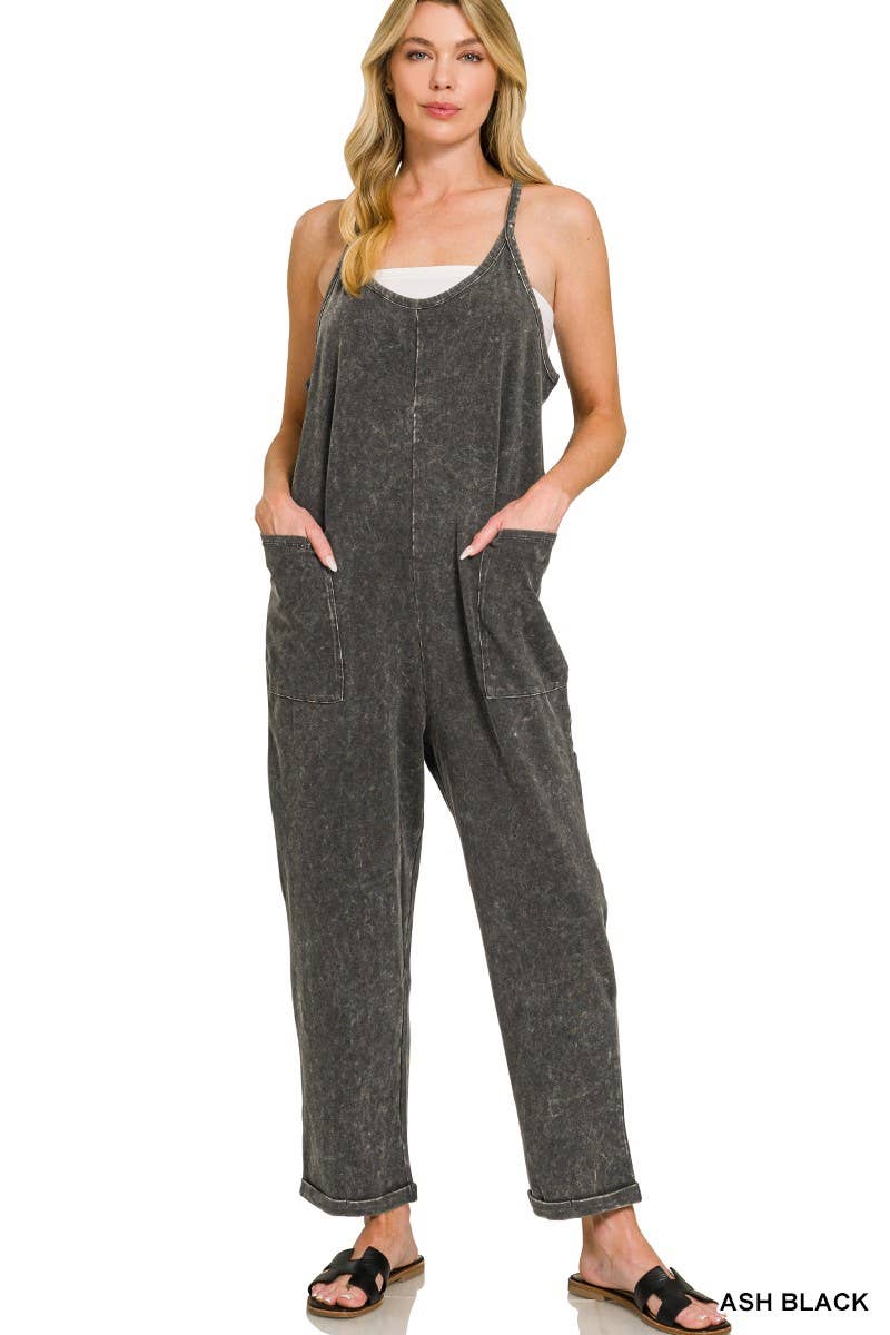 Washed Spaghetti Straps Overalls With Pockets: ASH BLACK