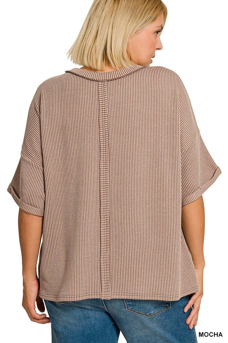 Plus Raised Rib Short Sleeve Front Pocket Top: MOCHA