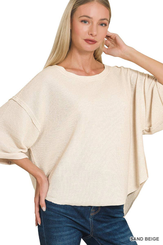 Double Knit Exposed Seam Curved Hem Top: SAND BEIGE