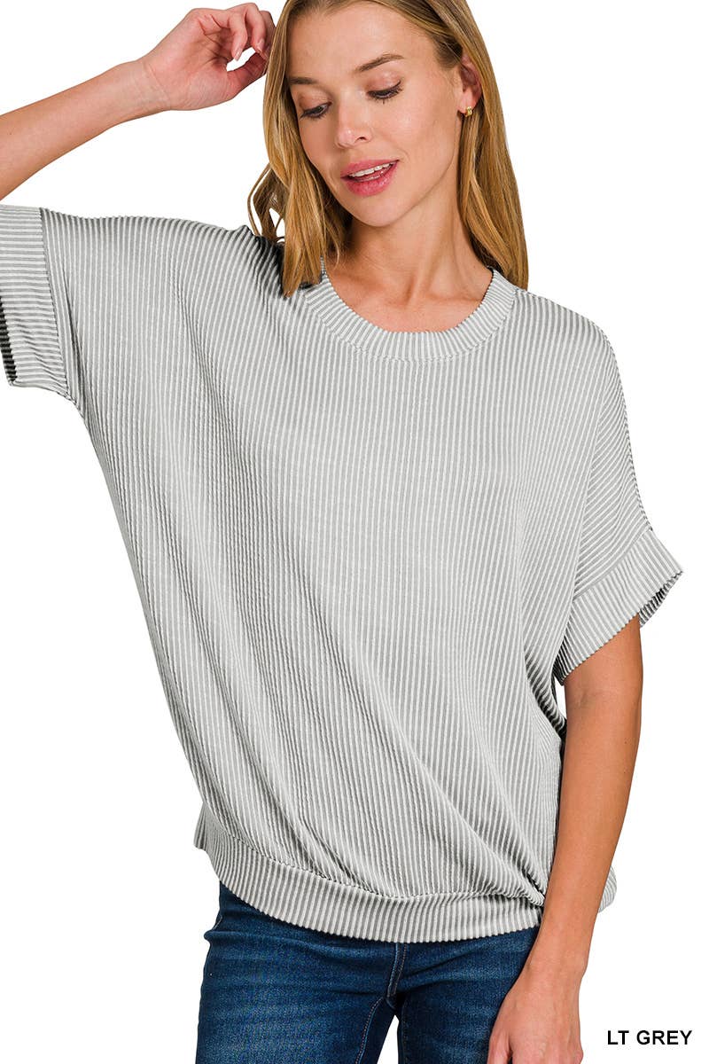 Corded Rib Short Sleeve Top: LT GREY