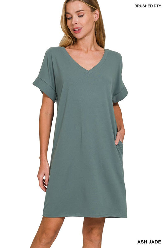 Brushed Dty Rolled Short Sleeve V-neck Dress: ASH JADE