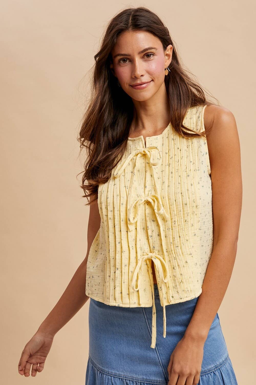 Ditsy Floral Cotton Blouse With Front Tie: LEMON