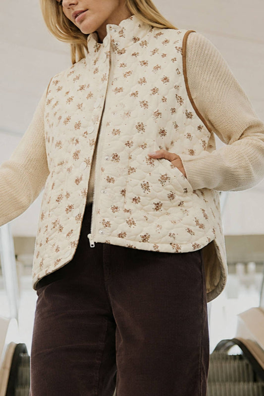 FLORAL QUILTED ZIP-FRONT MOCK NECK VEST : CREAM MULTI
