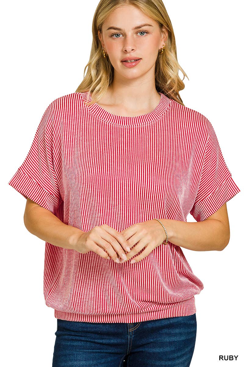 Corded Rib Short Sleeve Top: RUBY