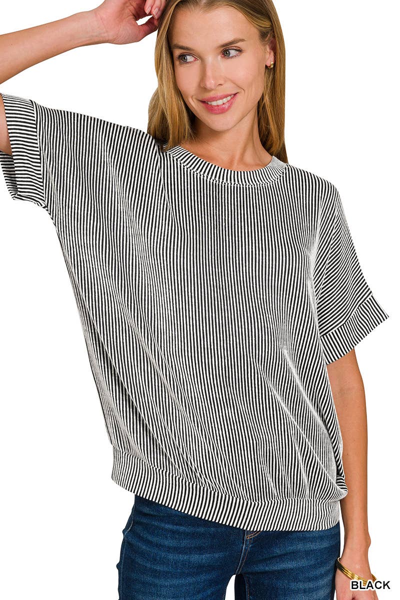 Corded Rib Short Sleeve Top: BLACK
