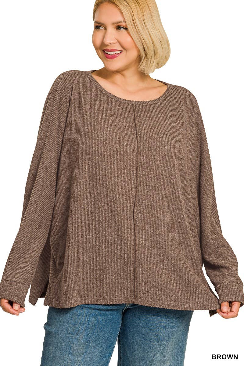 Plus Ribbed Center Seam Dolman Sleeve Top: BROWN