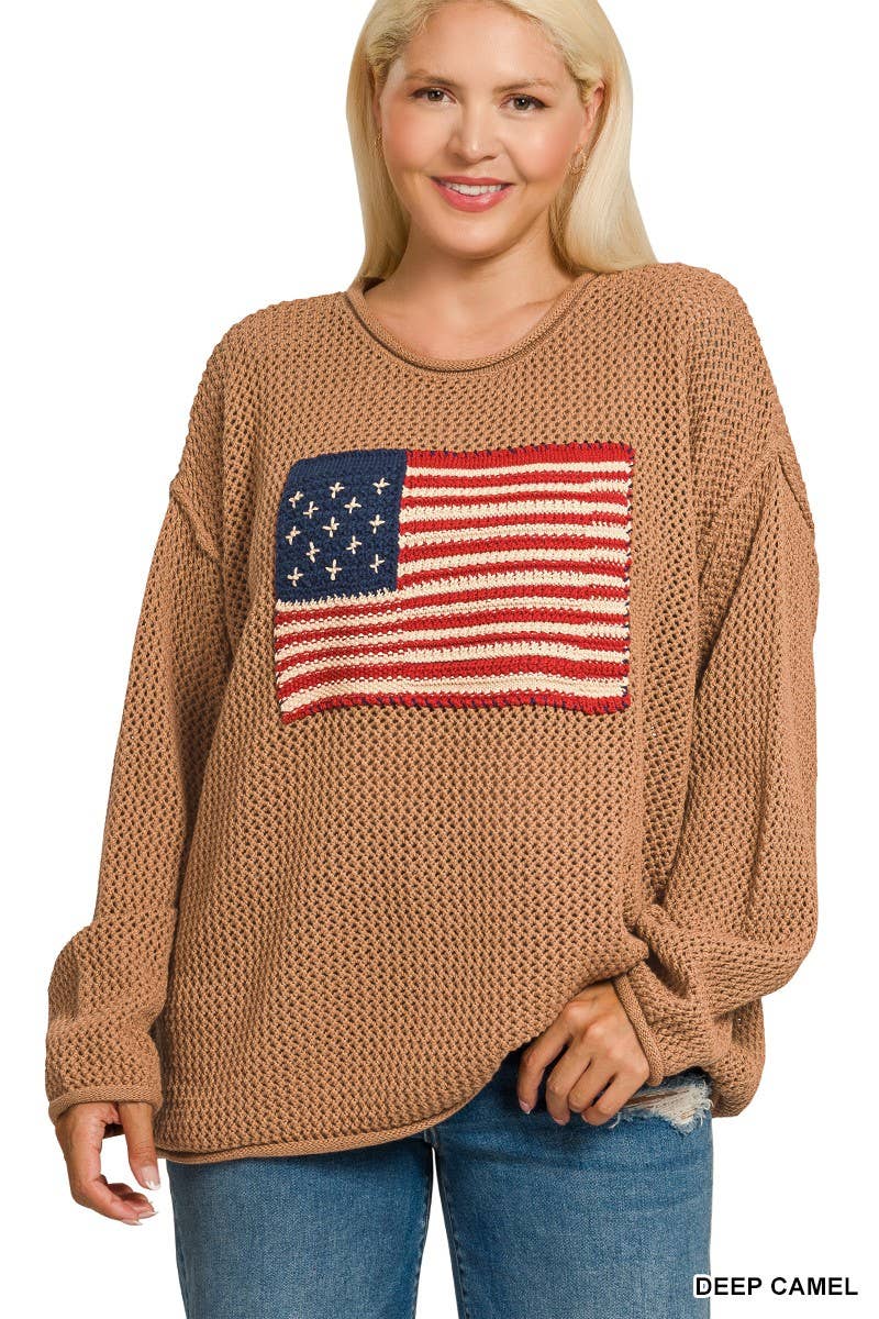 Plus American Flag Crew Neck Sweater: DEEP CAMEL