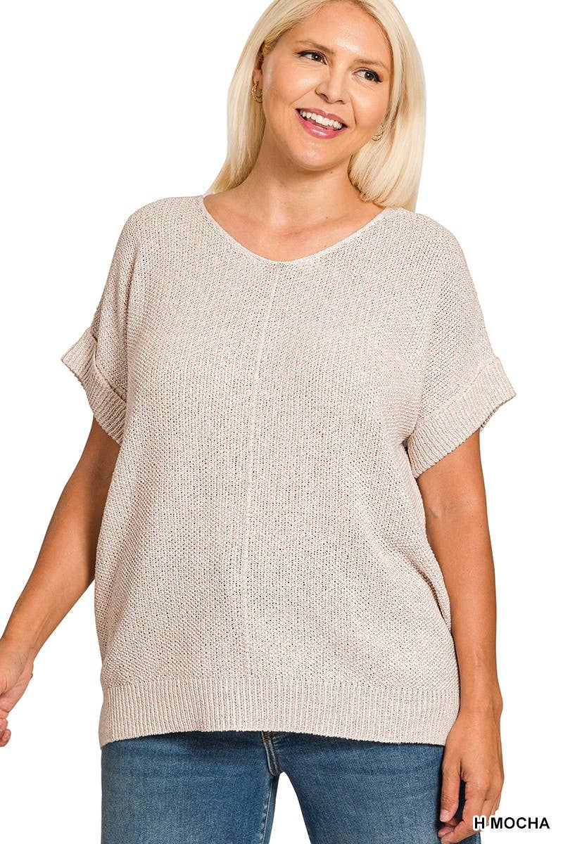 Plus Center Seam Short Sleeve Sweater: H MOCHA