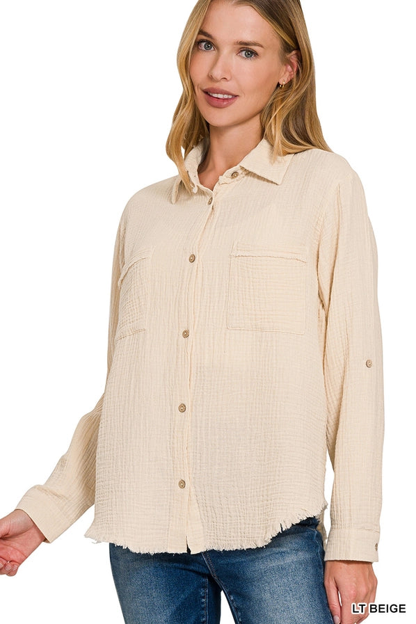 Double Gauze Button Down Roll-up Long Sleeve Shirt Sand Beige S Double Gauze Button Down Roll-up Long Sleeve Shirt Sand Beige S