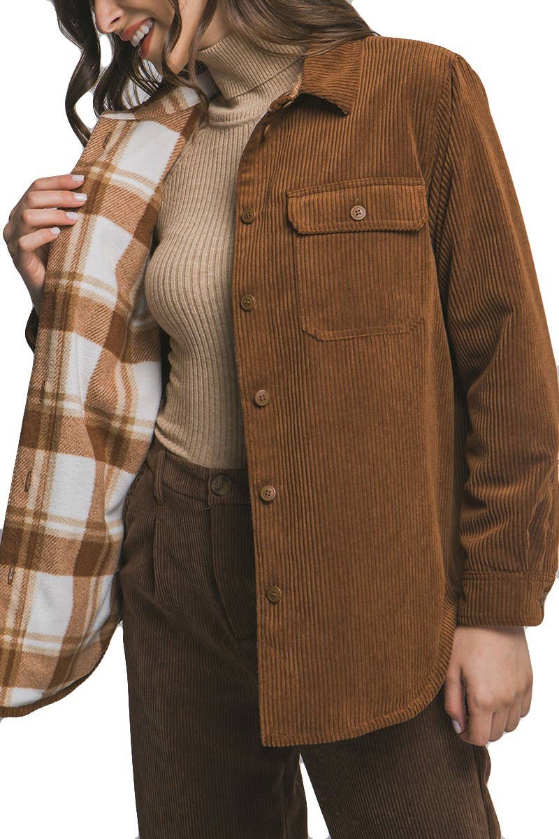 Corduroy Reversible Button Down Jacket: BROWN