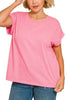 Plus Round Neck Folded Short Sleeve T-shirt: H HOT PINK