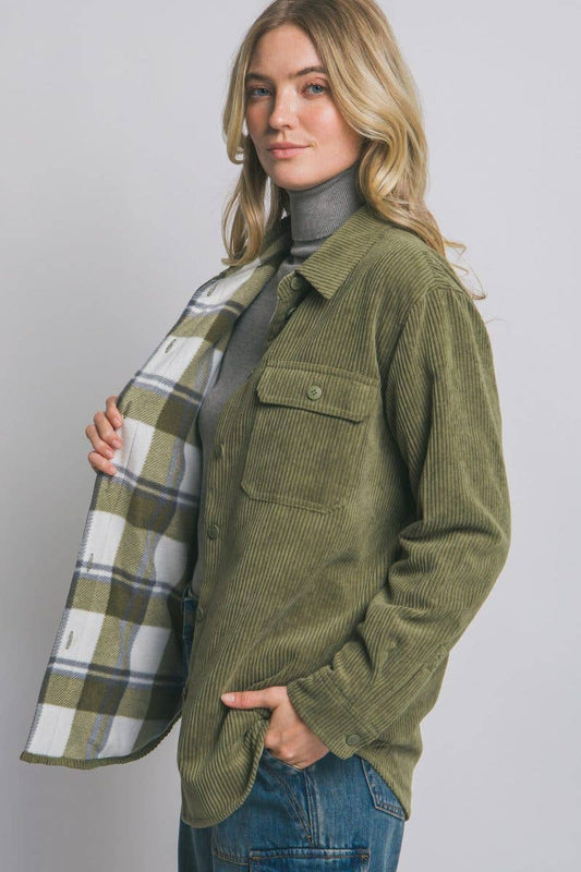 Corduroy Reversible Button Down Jacket: OLIVE