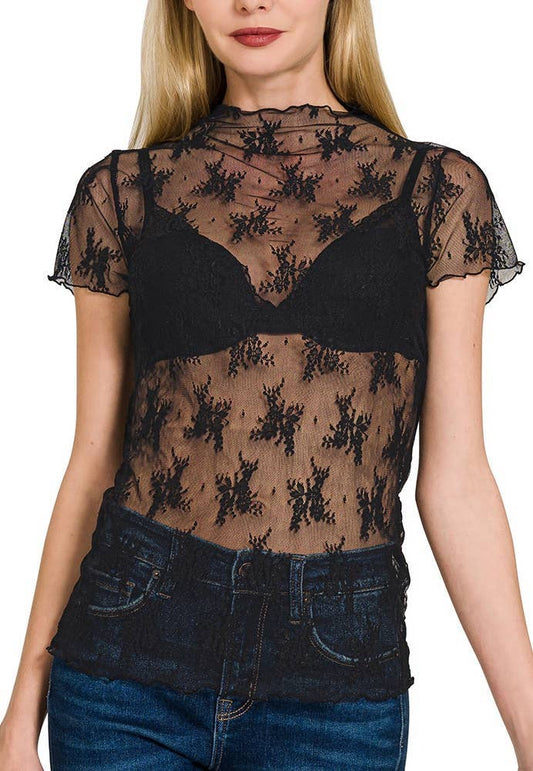 Lace See-through Layering Short Sleeve Top: BLACK
