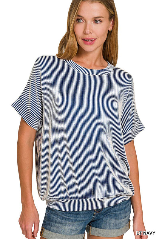 Corded Rib Short Sleeve Top: LT NAVY