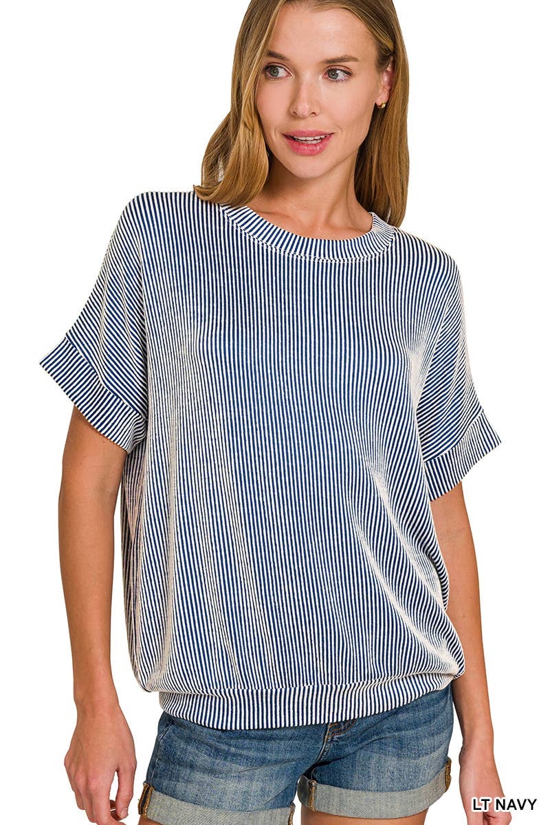 Corded Rib Short Sleeve Top: LT NAVY