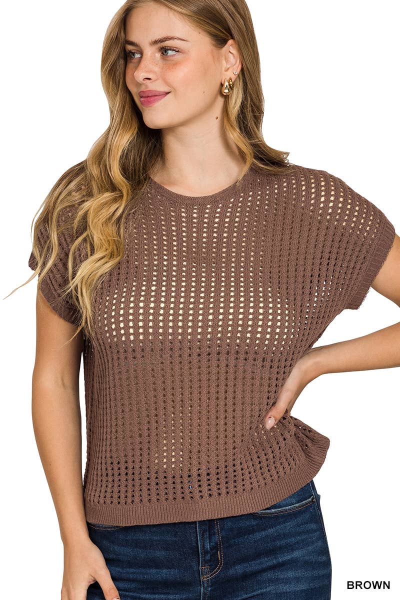Viscose Crochet Knit Sheer Hollow Sweater: BROWN