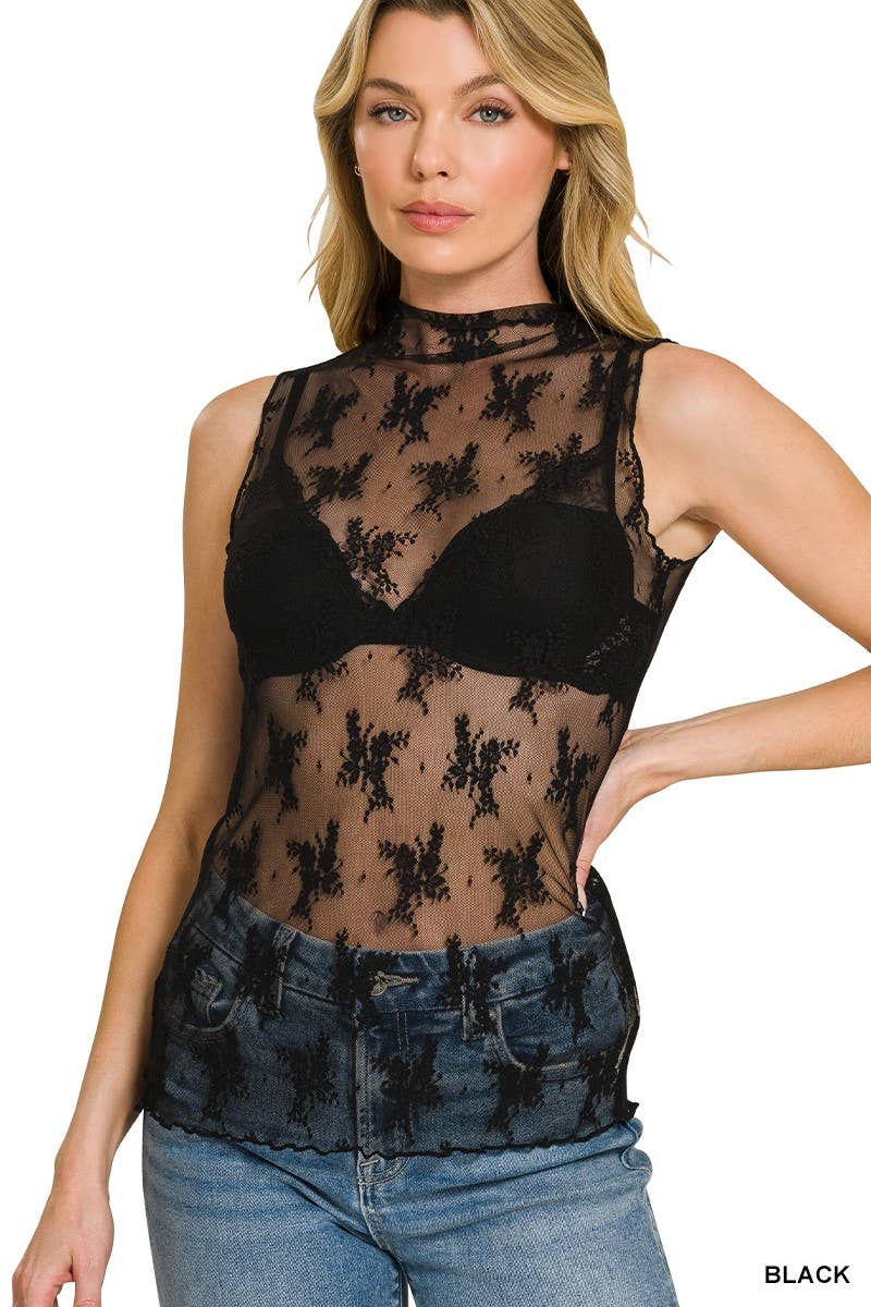 Lace See-through Layering Sleeveless Top: BLACK