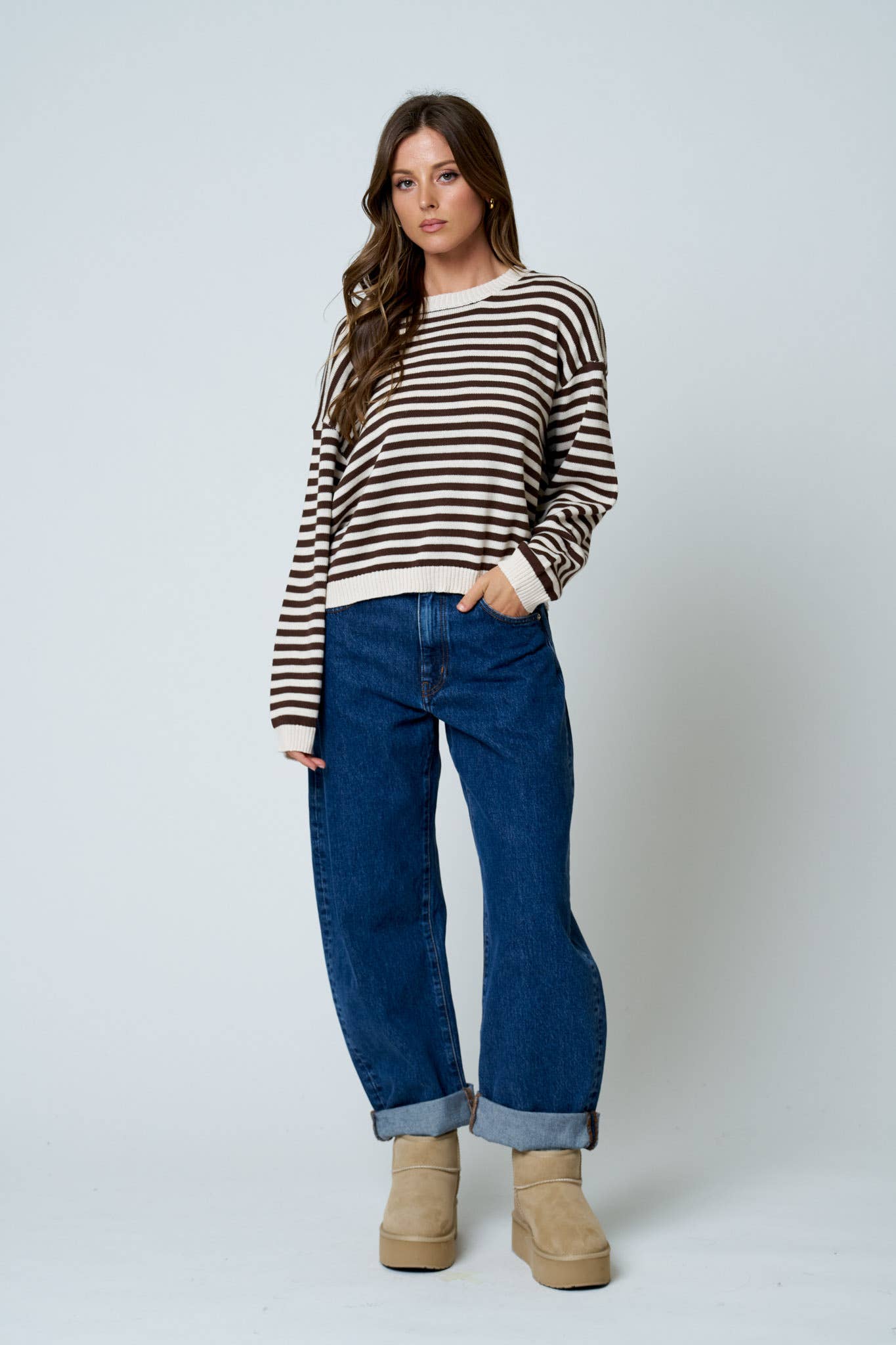 STRIPE RELAXED BACK BUTTON DETAIL KNIT SWEATER: OATMEAL