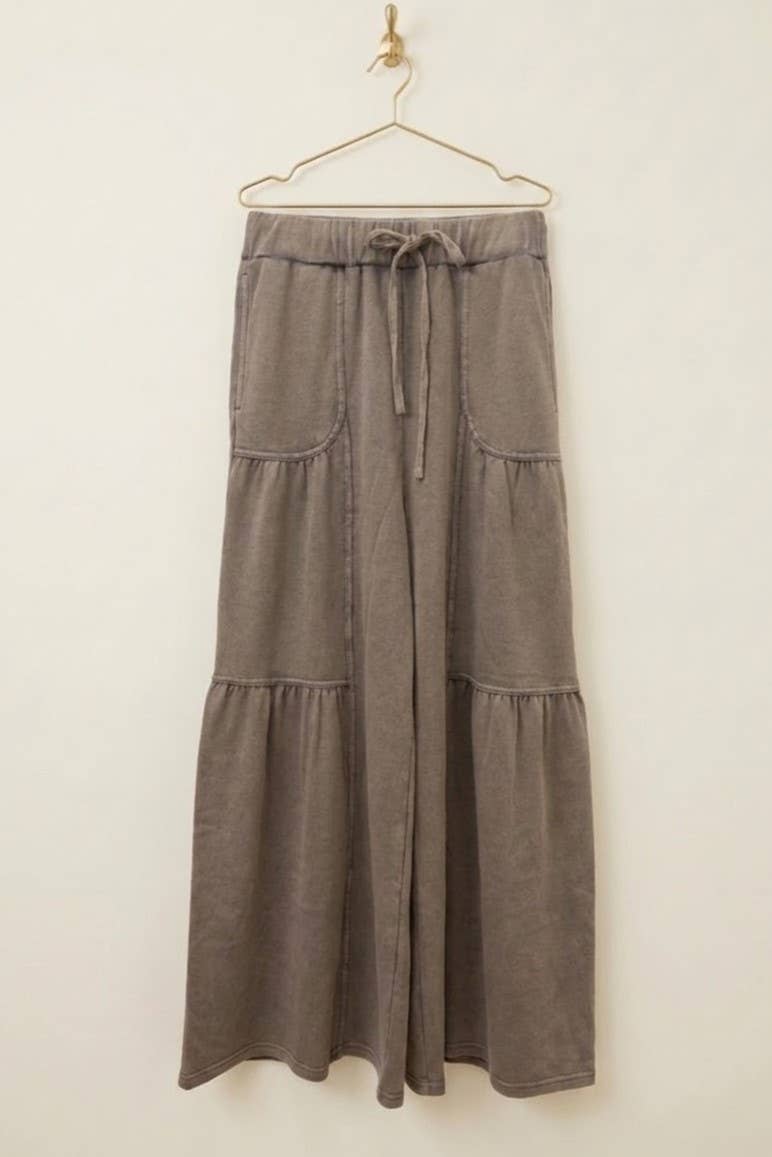 Washed Tiered Wide-leg Drawstring Pants: CHARCOAL