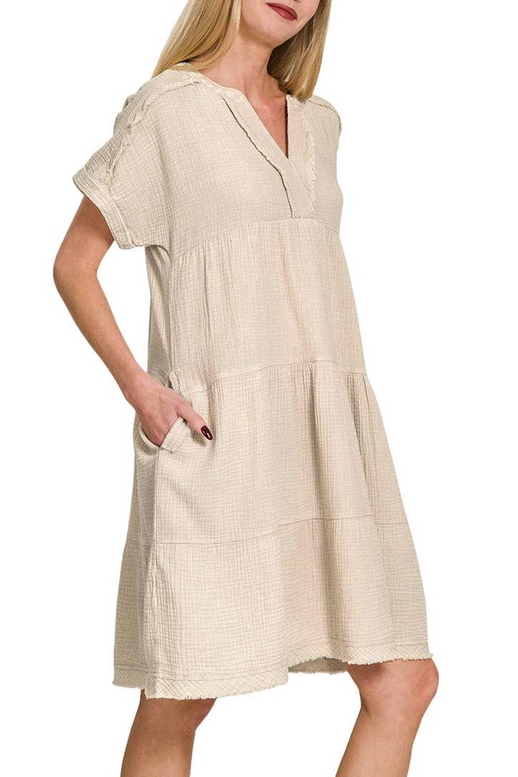 Washed Double Gauze Raw Edge V-neck Dress: SAND BEIGE