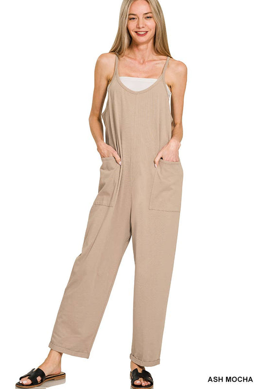Spaghetti Strap Pocketed Jumpsuit: ASH MOCHA