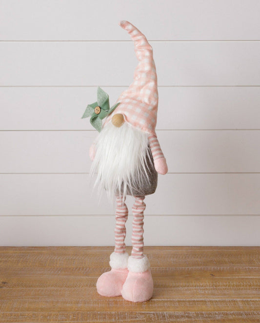 Standing Gnome - Pink Hat And Stiped Legs, Holding Pinwheel