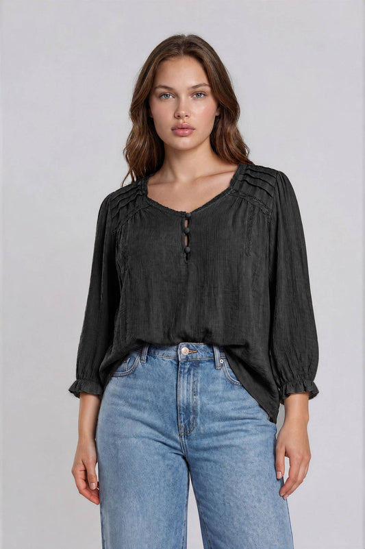 PLUS CROCHET TRIM V-NECK 3/4 SLEEVE HENLEY TOP: BLACK