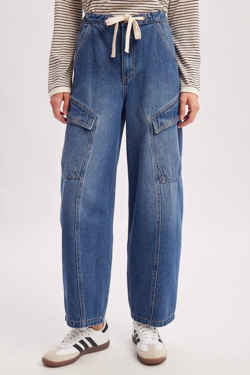 Denim Cargo Drawstring Barrel Jeans: MED WASH