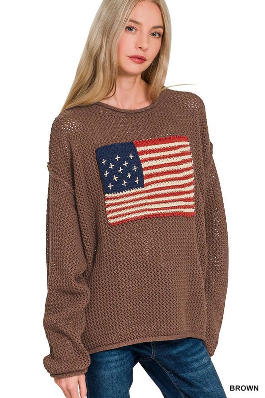 American Flag Crew Neck Sweater: BROWN