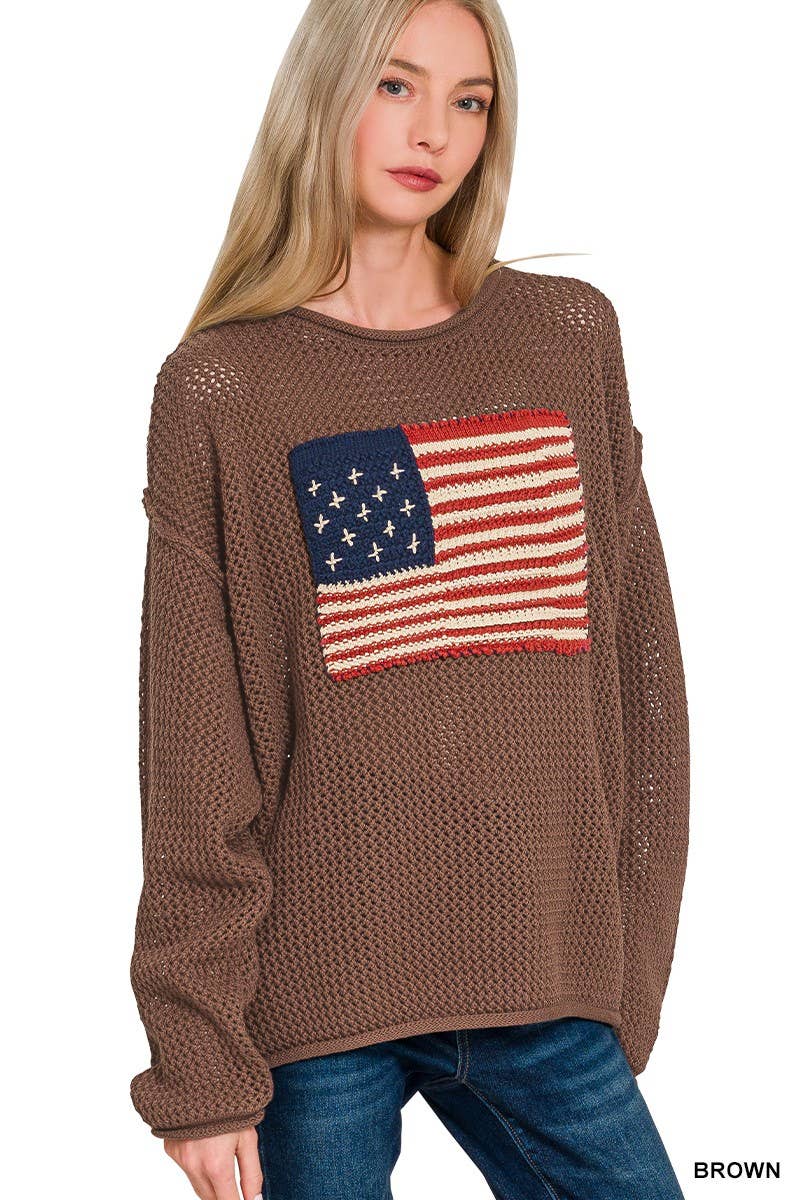 American Flag Crew Neck Sweater: BROWN
