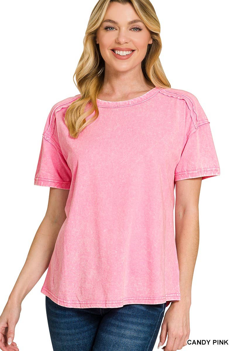 Acid Washed Round Neck T-shirts: CANDY PINK