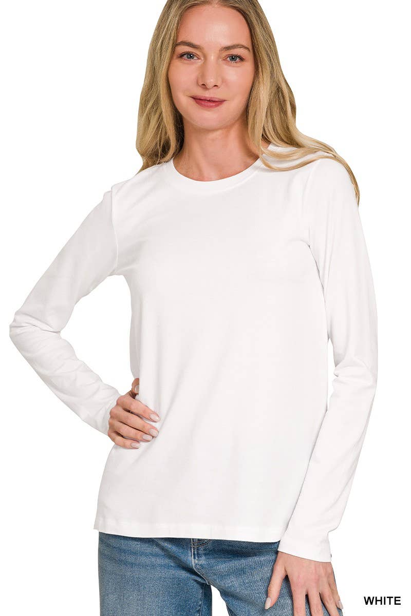 Cotton Crew Neck Long Sleeve T-shirt: WHITE
